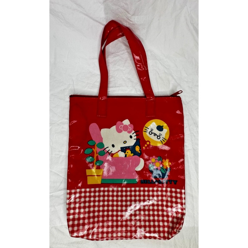 Vintage Sanrio Hello Kitty Red Vinyl Tote Bag Purse Zipper Flowers 1985 Japan